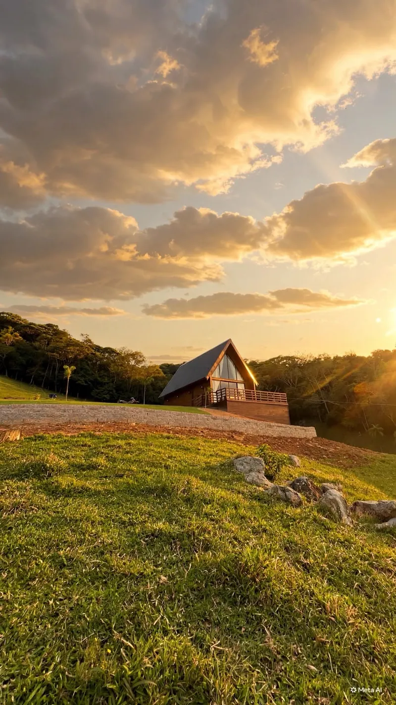 O chalé pequeno na encosta, com o pôr do sol dourado entre as nuvens